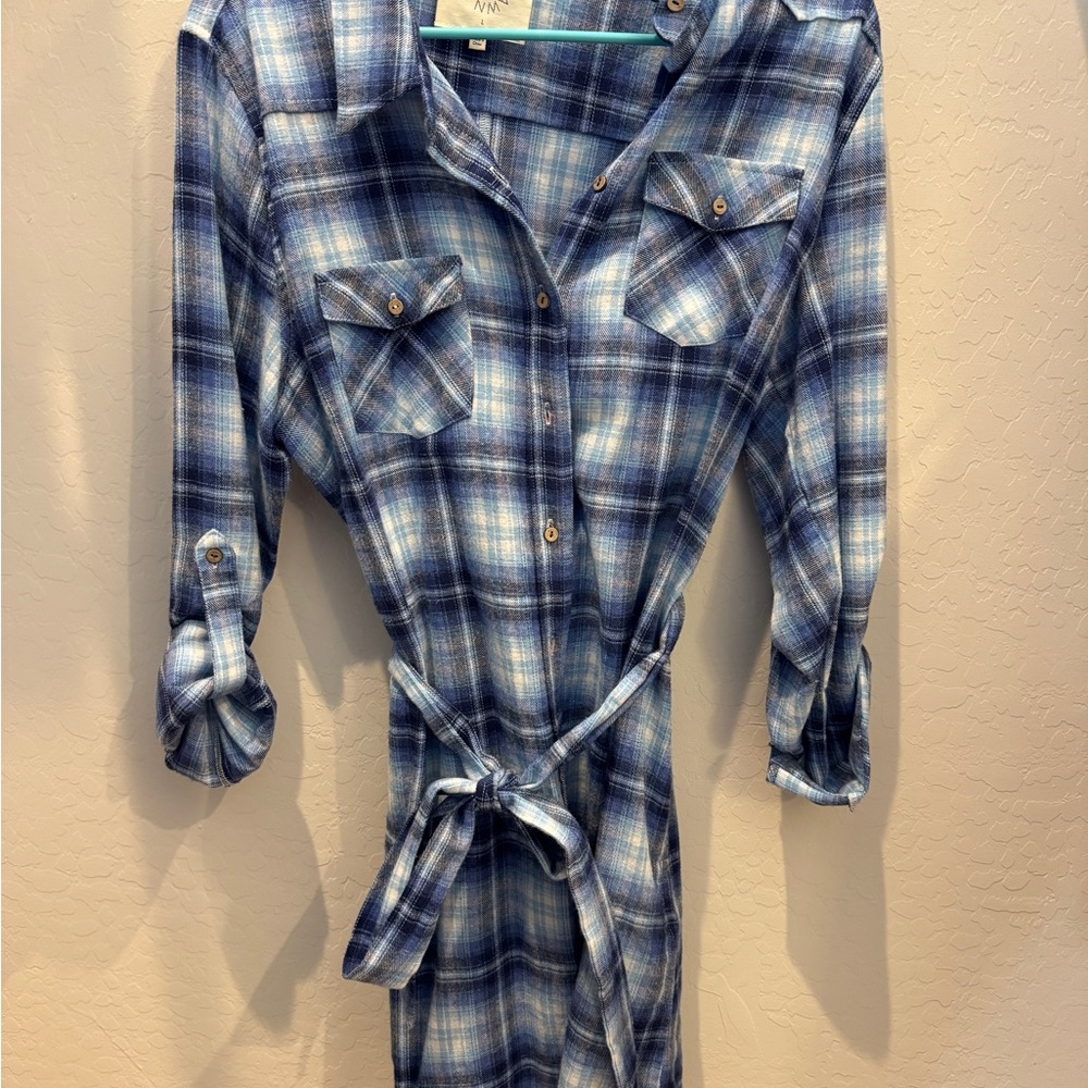 Blue Plaid Button-Up Dress